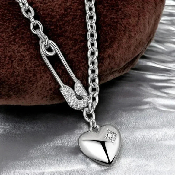 ποΈDazzling S925 Sterling Silver Heart Charm Necklace with Safety Pin Pendant - Picture 1 of 13